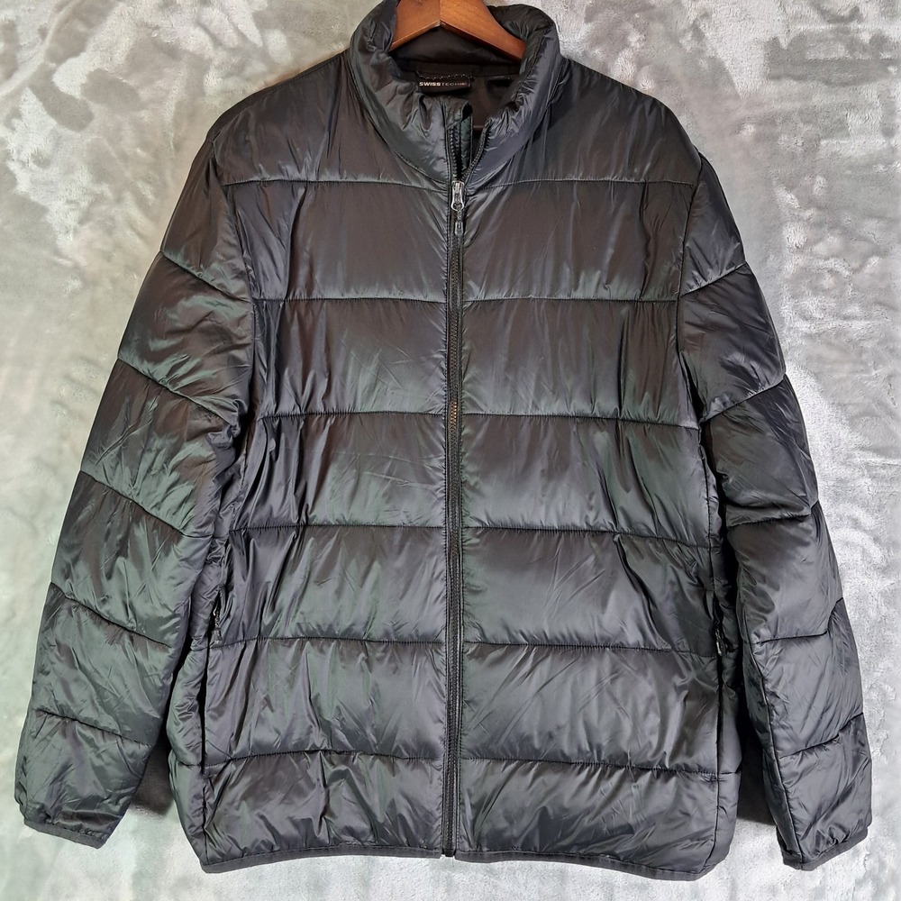Swiss Tech Mens Large Black Puffer Jacket Padded Quilted Coat Full Zip Winter